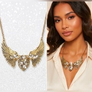 Gold plated Crystal Heart angel wings necklace BOGO